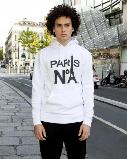 SWEAT À CAPUCHE BLANC IMPRIMÉ FACE LOGO PARIS N°1 NOIR