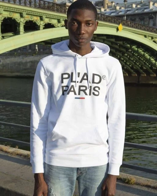 SWEAT À CAPUCHE BLANC IMPRIMÉ FACE PL'AD PARIS LOGOTYPE NOIR
