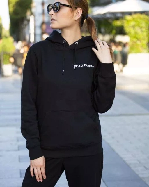 SWEAT À CAPUCHE NOIR IMPRIMÉ CC LOGO PL'AD PARIS SIGN BLANC