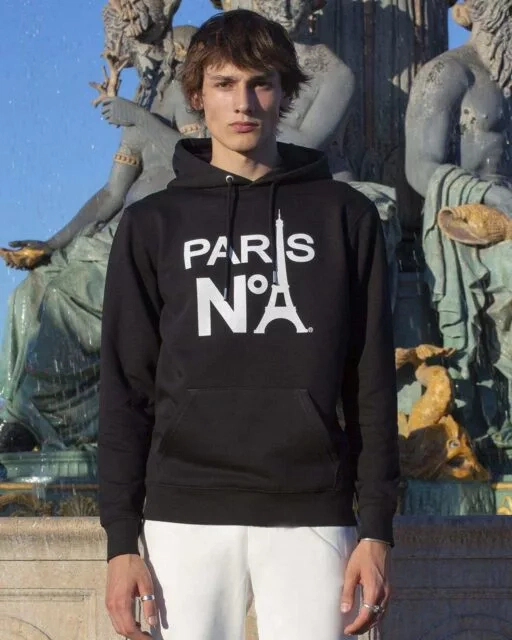 BLACK HOODIE PRINTED FACE LOGO PARIS N°1 WHITE
