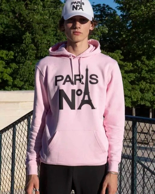 SWEAT À CAPUCHE ROSE IMPRIMÉ FACE LOGO PARIS N°1 NOIR