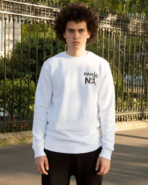WHITE ROUND NECK SWEATSHIRT PRINTED HS LOGO PARIS N°1 BLACK