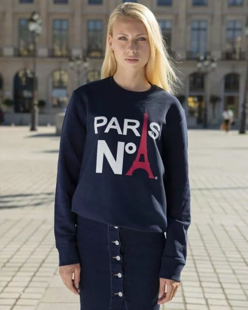 SWEAT COL ROND MARINE IMPRIMÉ FACE LOGO PARIS N°1 BICOLORE