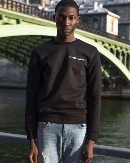 BLACK ROUND NECK SWEATSHIRT PRINTED HS LOGO PL'AD PARIS SIGN WHITE