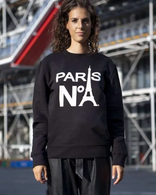 SWEAT COL ROND NOIR IMPRIMÉ FACE LOGO PARIS N°1 BLANC