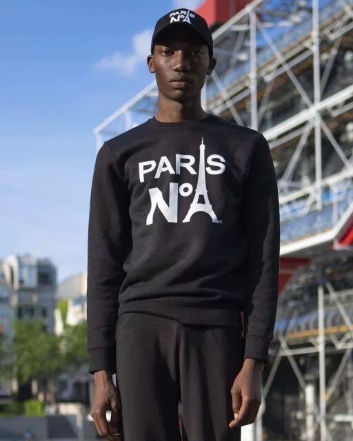 BLACK ROUND NECK SWEATSHIRT PRINTED FACE LOGO PARIS N°1 WHITE