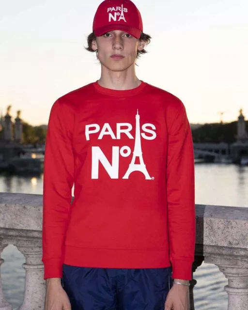 RED ROUND NECK SWEATSHIRT PRINTED FACE LOGO PARIS N°1 WHITE