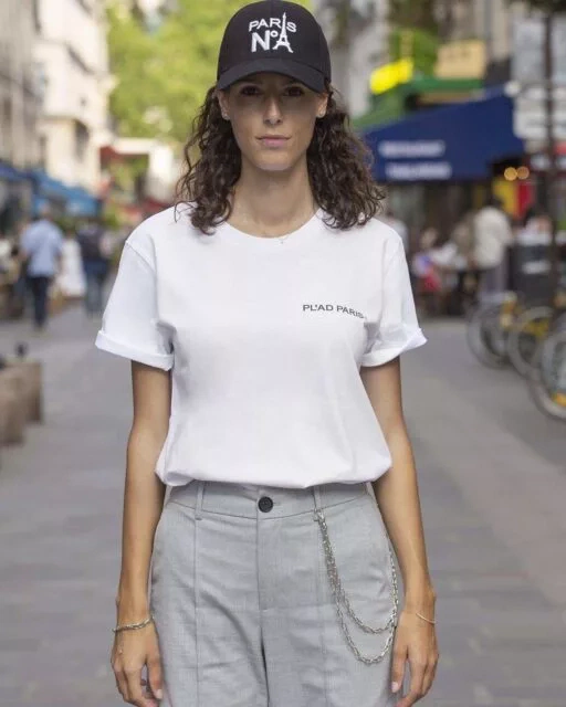 WHITE T-SHIRT ROUND NECK PRINTED HS LOGO PL'AD PARIS SIGN BLACK