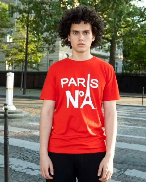 RED T-SHIRT ROUND NECK PRINTED FACE LOGO PARIS N°1 WHITE